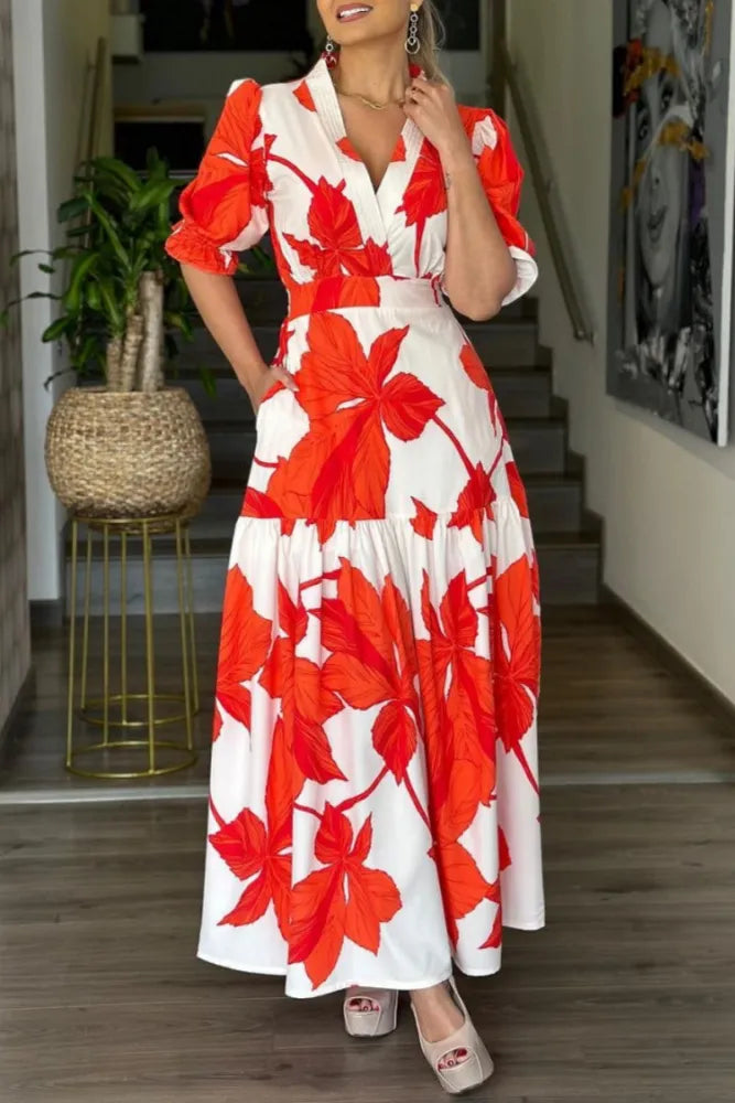 Virginia - Casual patchwork long dress with V-neck print