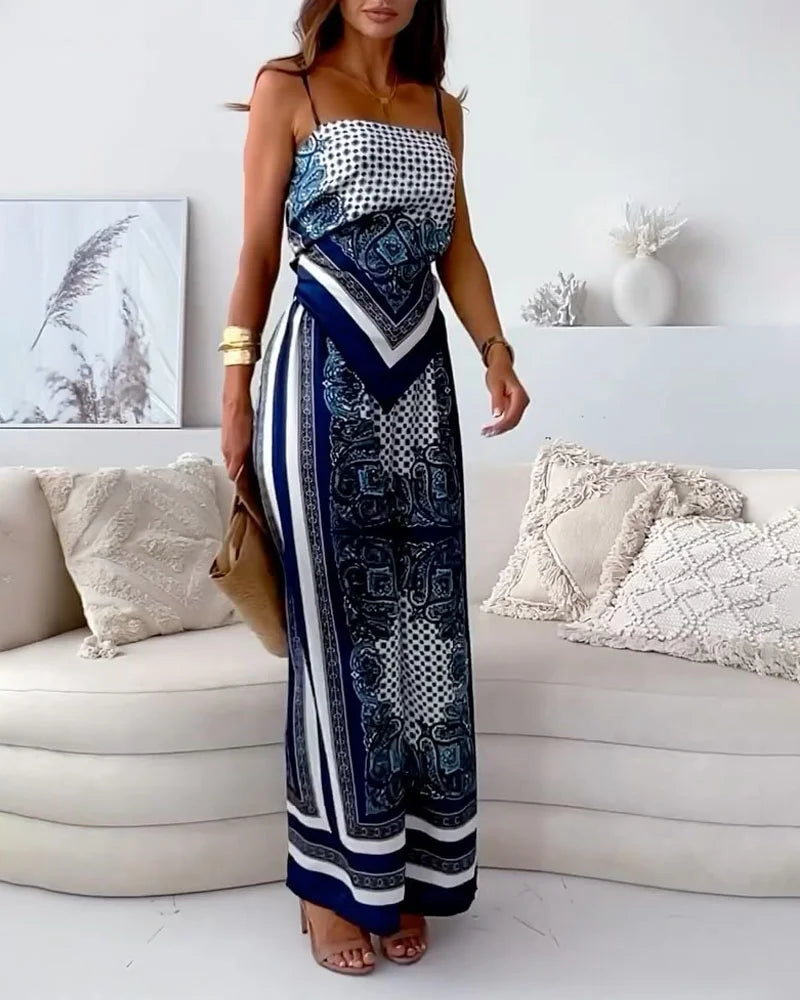 Modern Two Piece Set with Printed Top and Adjustable Pants for Elegant Women