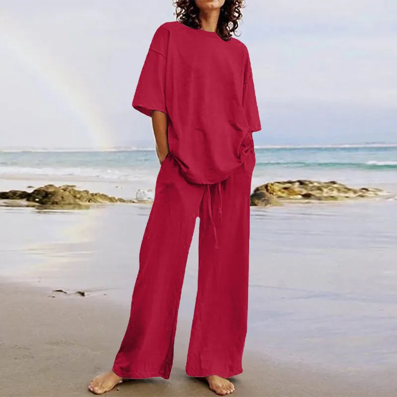 Frida - Casual Set with Belt and Pockets, Half-Sleeve Round Neck Top and Wide-Leg Pants