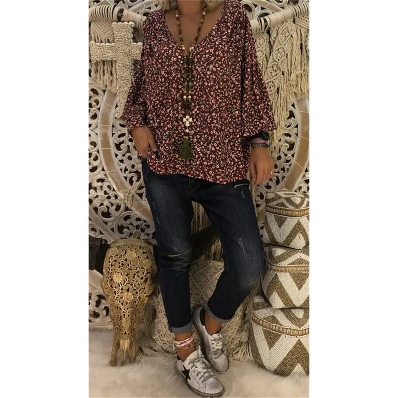 Abstract print button-down shirt with V-neck