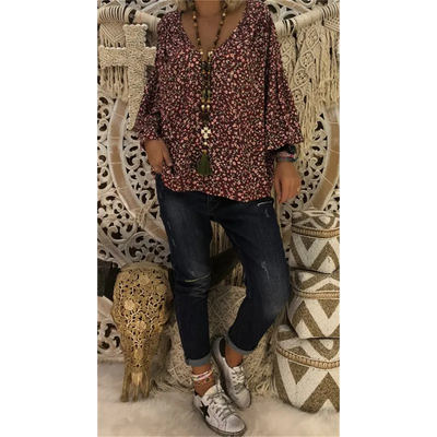 Abstract print button-down shirt with V-neck