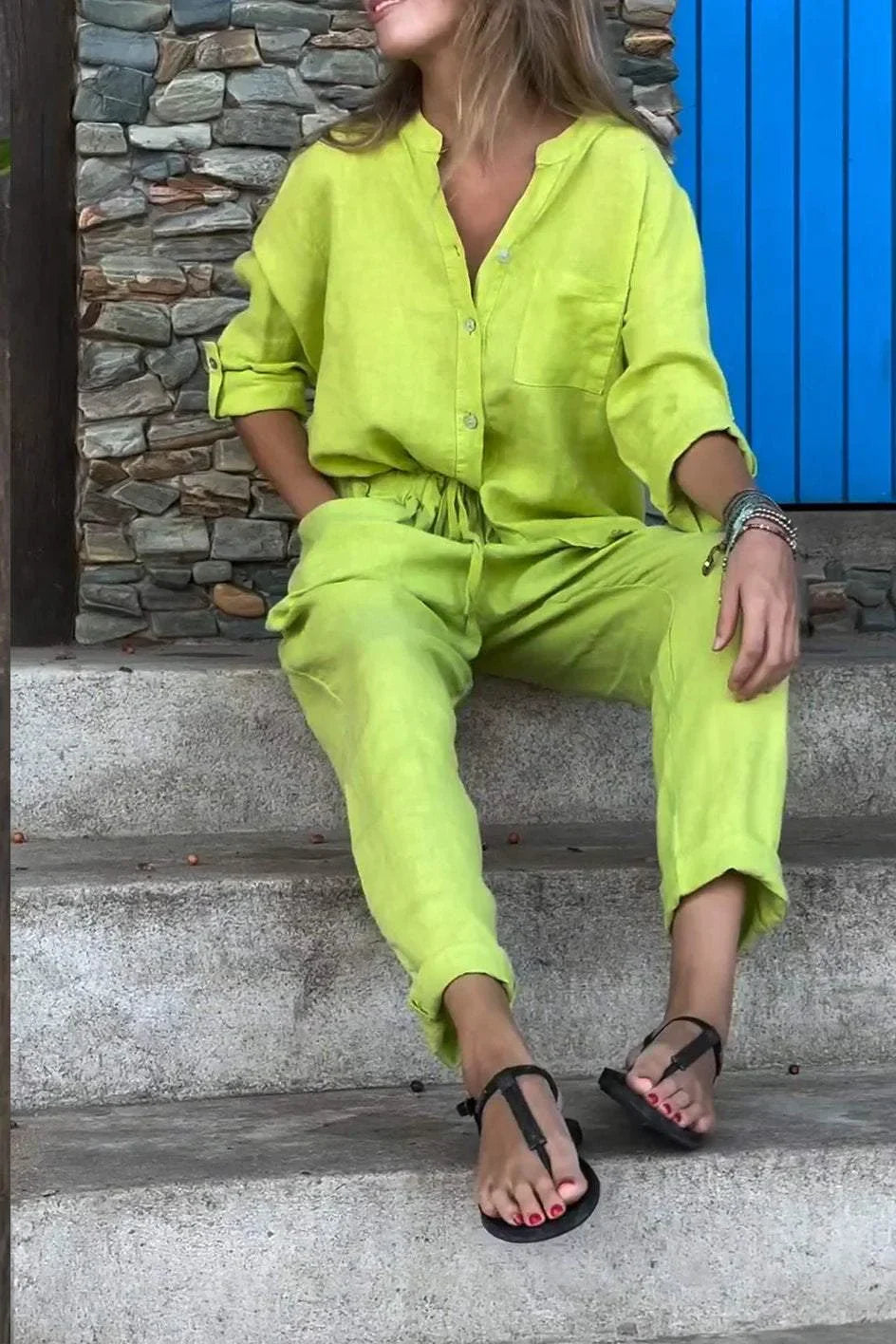 Michelle - Casual Two-Piece Cotton Linen V-Neck Top and Solid Color V-Neck Shirt Set