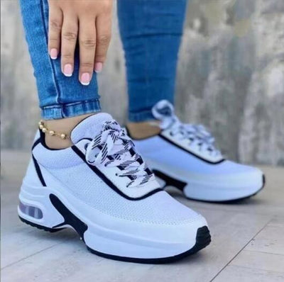 Women's Wedge Sneakers - Breathable Mesh Casual Shoes with Thick Sole and Lace-Up