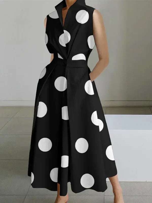 Irina - Sleeveless midi dresses with polka dot lapels