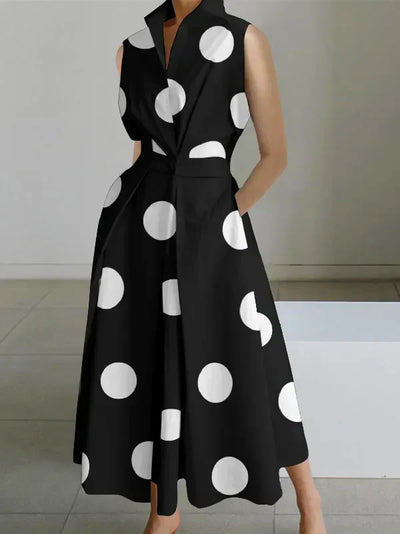 Irina - Sleeveless midi dresses with polka dot lapels