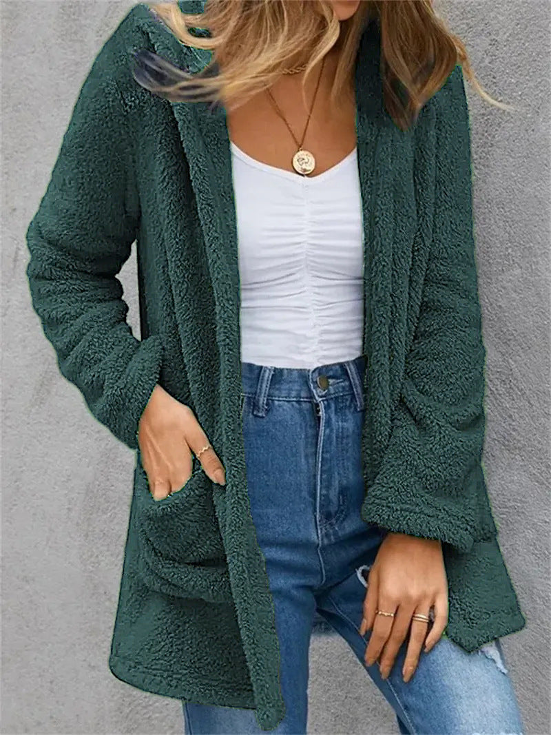 Hooded Cardigan with Double Pocket for Winter - Women's Jacket