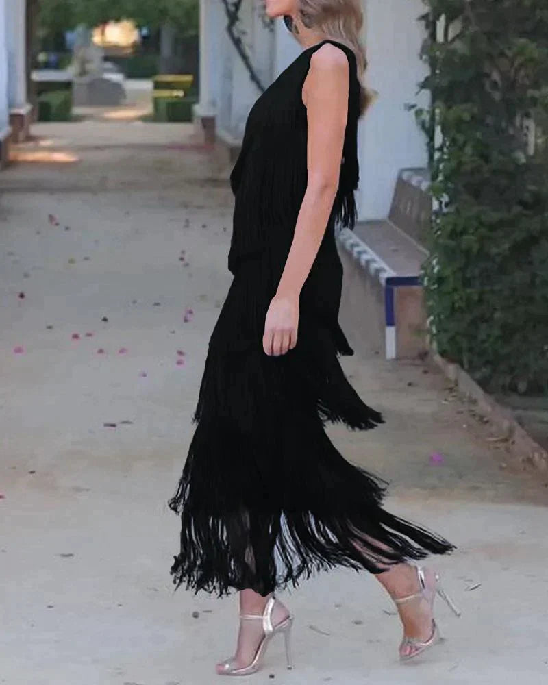 Elegant one-shoulder design fringe long midi dress