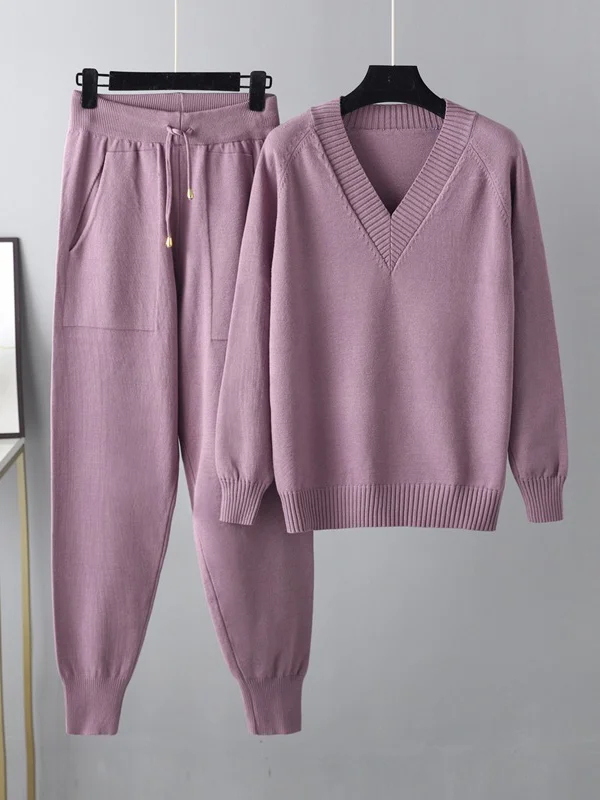 Delia Set: Comfortable Elegance with V-Neck Sweater and Harem Pants