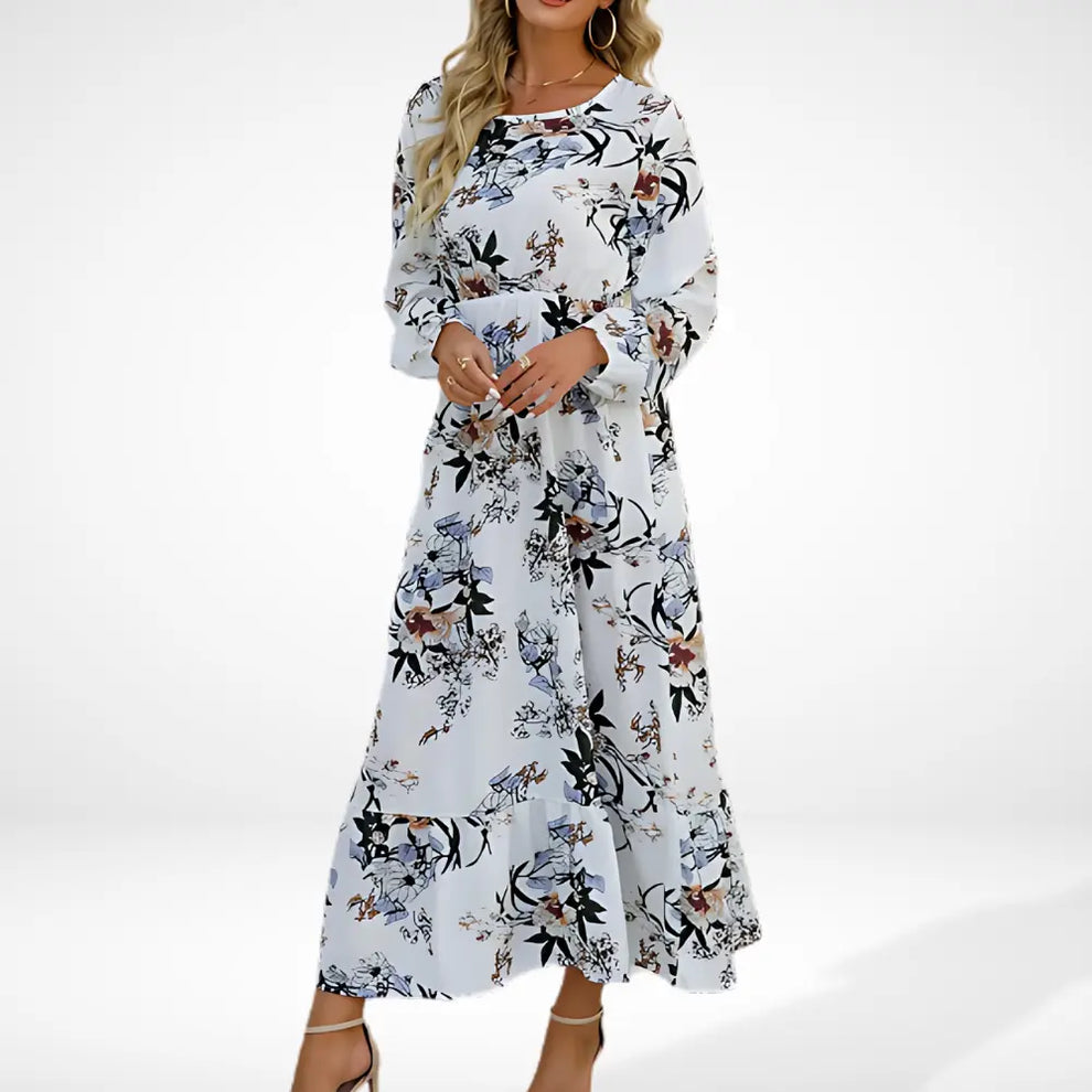 Loose long dress with floral print and long sleeves