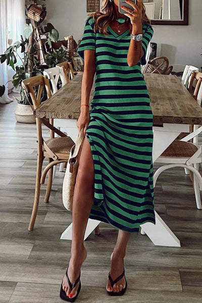 Fanny - Casual striped patchwork dress with V-neck and short sleeves