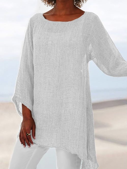 Emma - Women's Solid Color Round Neck Irregular Hem Long Sleeve Top
