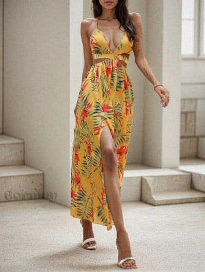 Emely - Printed dress with open back and butterfly knot detail and slit at neckline