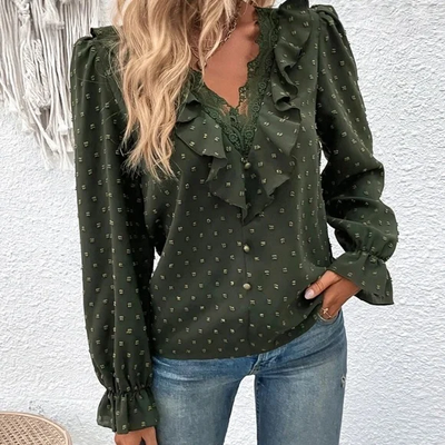 Micaela Boho Blouse with Swiss Polka Dots and Ruffled Lace