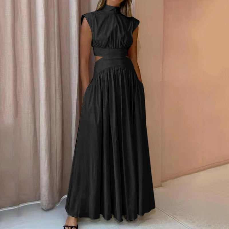 Claudia - Fashion High Neck Solid Color Casual Sleeveless Elegant Pleated Party Long Dress