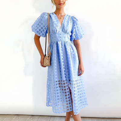 Elegant summer midi dress with short puff sleeves