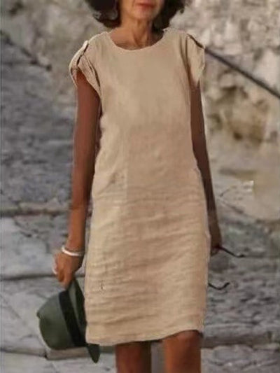 Fanny - Women's Multicolor Cotton Linen Sleeveless Round Neck Mid-Length Dress