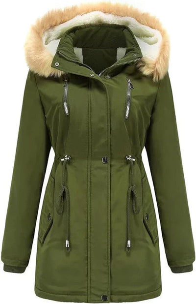 Elegant long women's winter coat with hood