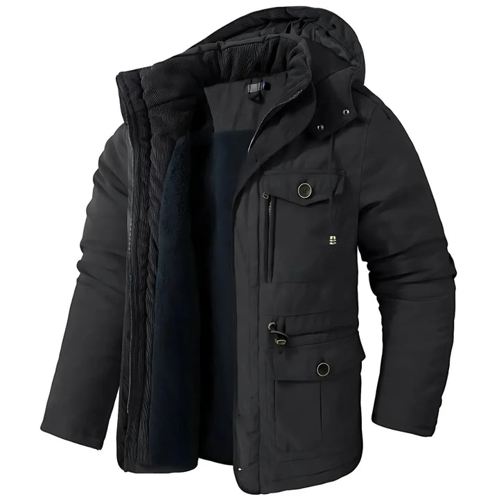 Warm and stylish men's jacket with deep hood
