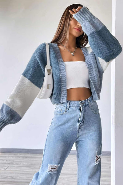 Long Sleeve Open Front Color Block Cardigan