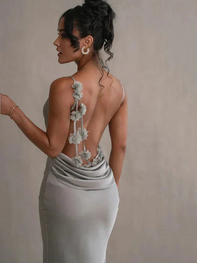 Elegant long evening dress for women with open back and sophisticated design