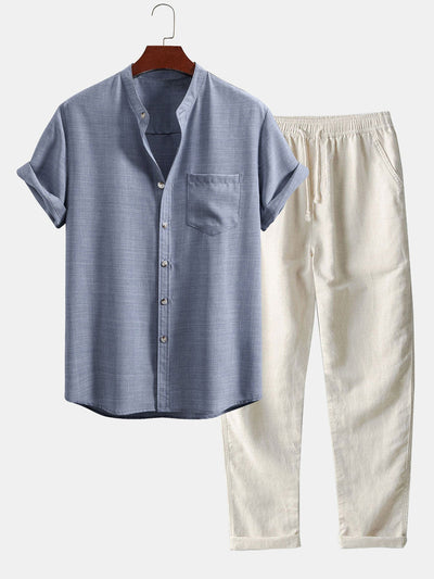 Men's set with short-sleeved mandarin collar shirt and casual straight-leg trousers
