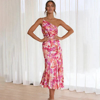 Floral print midi dress with asymmetrical one-shoulder design