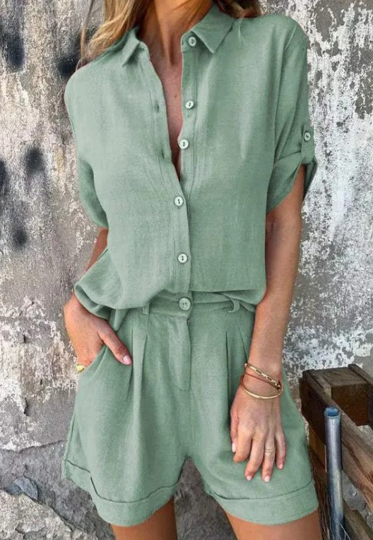 Lightweight summer set with short-sleeved shirt and button-down shorts