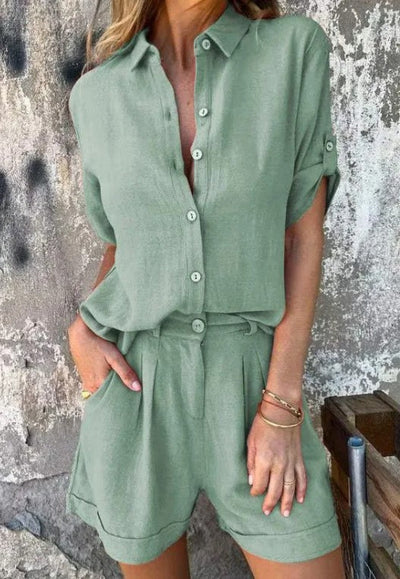 Lightweight summer set with short-sleeved shirt and button-down shorts