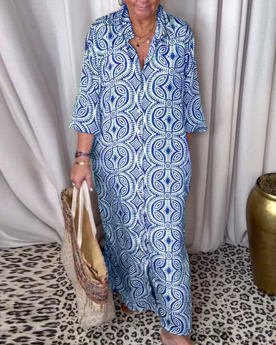 Martina - Long vintage print dress with flap pocket