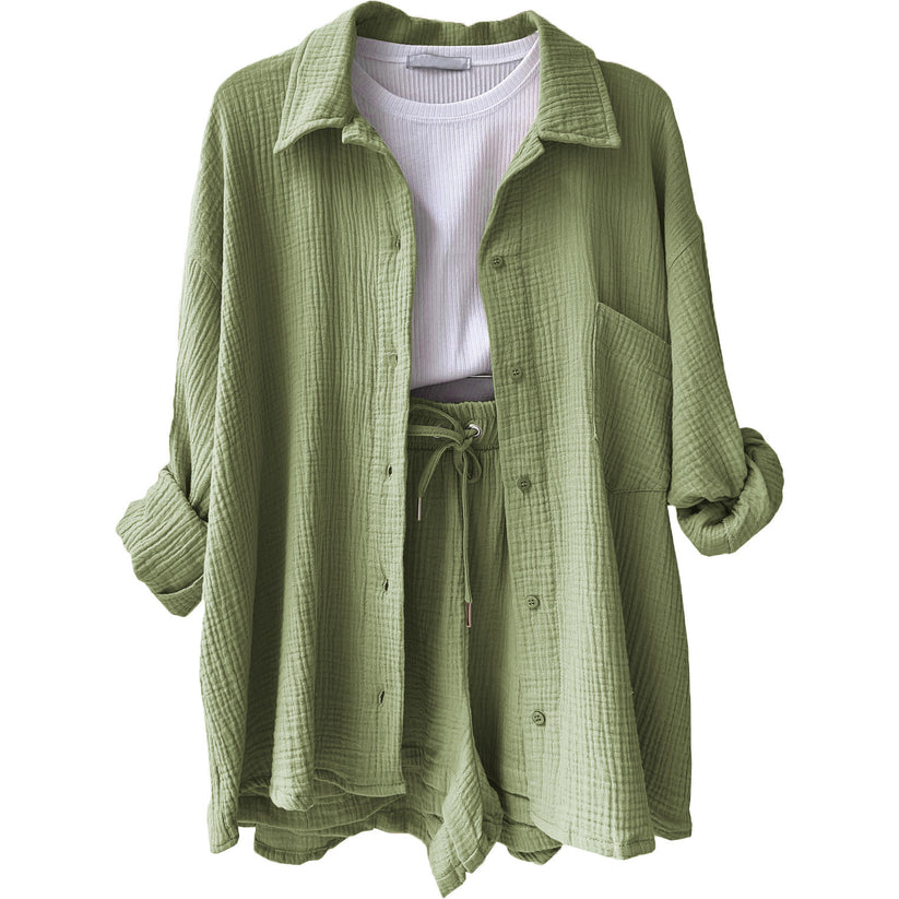 Women's summer set of flowing button-down shirt and matching shorts