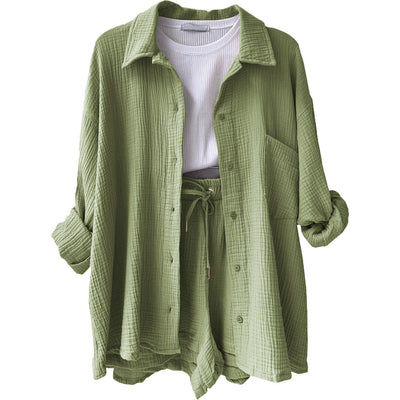 Women's summer set of flowing button-down shirt and matching shorts