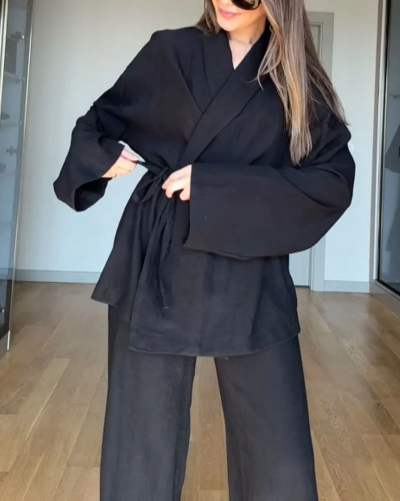Casual two-piece set with solid color lapel top and pants