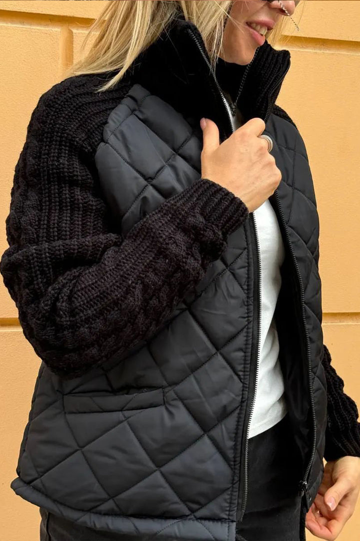 Women's casual solid color zipper jacket with contrast patchwork