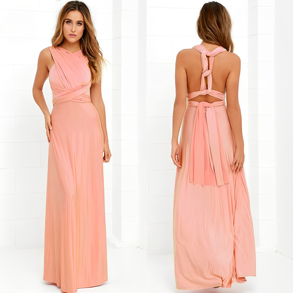 Elegant long sleeveless evening dress with open back