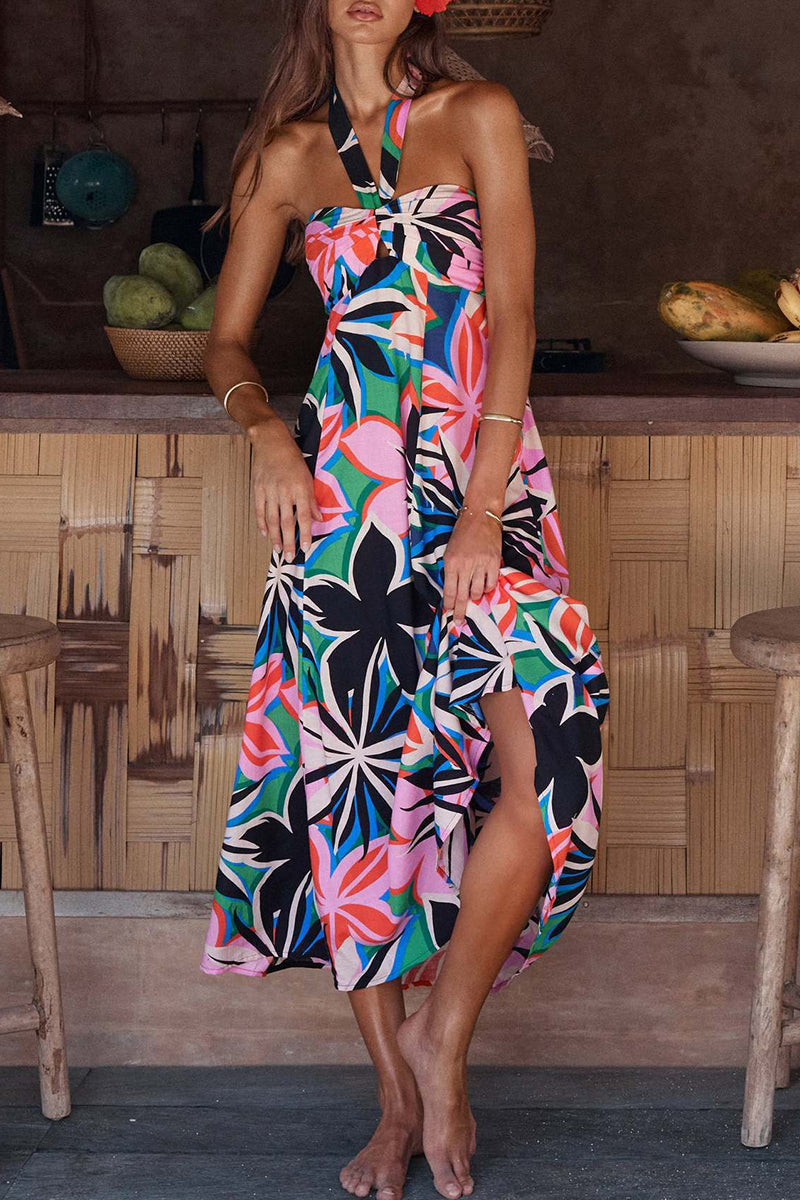 Carolina - Backless halterneck dresses with bohemian floral print