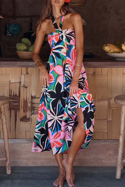 Carolina - Backless halterneck dresses with bohemian floral print