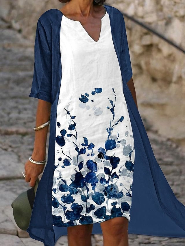 Linda - Elegant Blue Floral Print Two-Piece Midi Dress with Half Sleeves