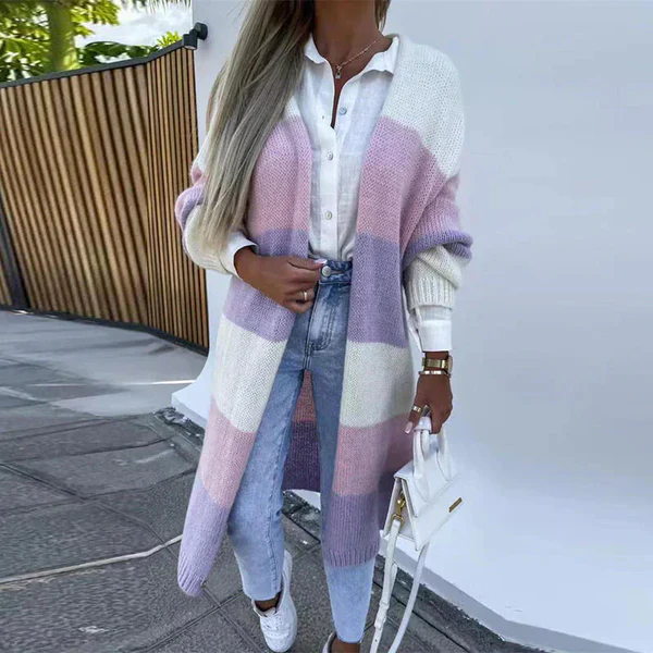 Relaxed and elegant tricolor striped cardigan