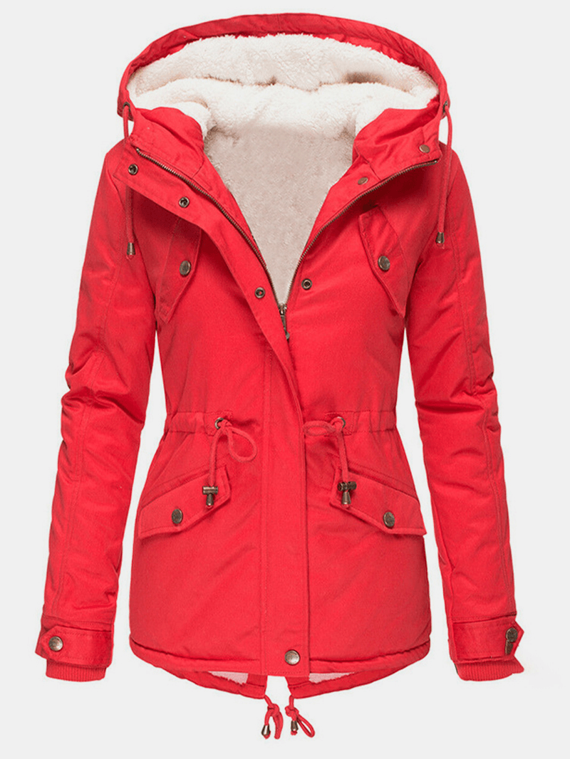 Women's Warm Hooded Coat, Solid Color, and Pockets