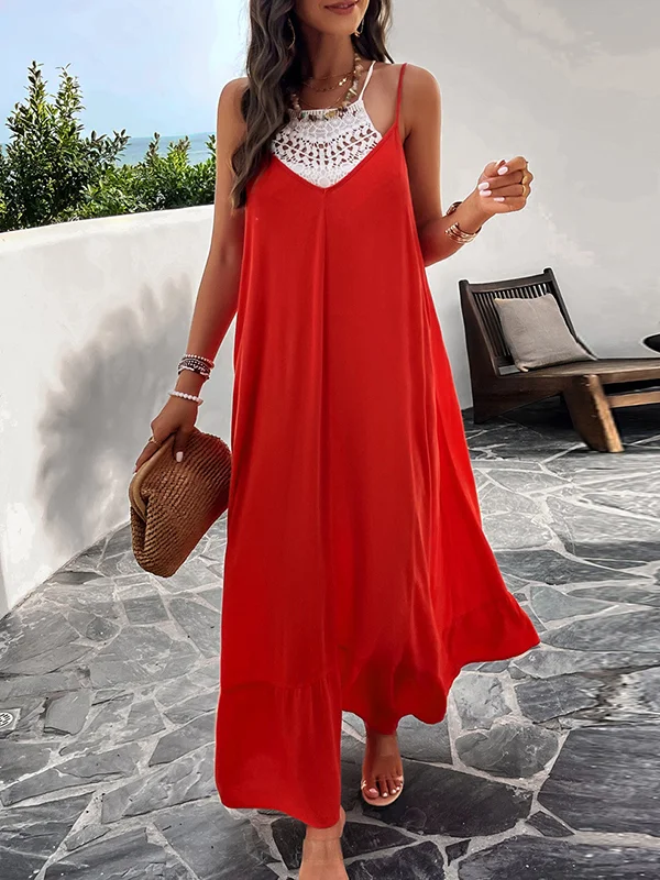 Heidy - Women's Loose Sleeveless Pleated Solid Color Split Spaghetti Neckline Long Dresses