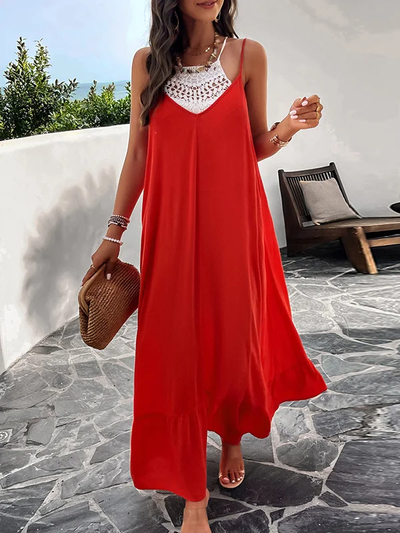Heidy - Women's Loose Sleeveless Pleated Solid Color Split Spaghetti Neckline Long Dresses