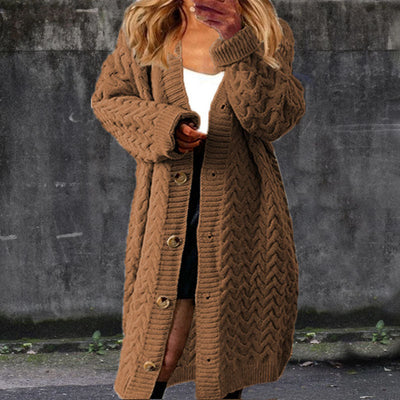 Loose-fitting, mid-length button-down cardigan