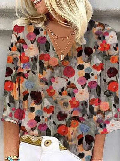 Diana - Women's 3/4 Sleeve V-Neck Abstract Floral Colorful Summer Blouse