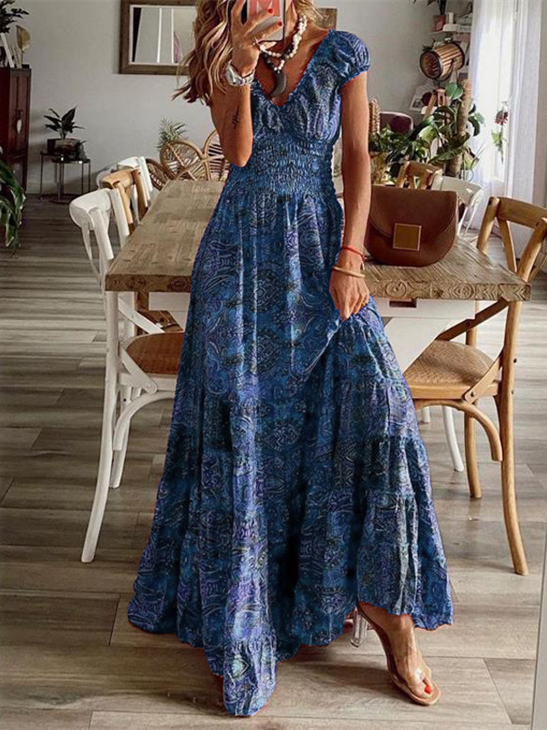 Linda - Full Size Smocked Print V-Neck Short Sleeve Dress