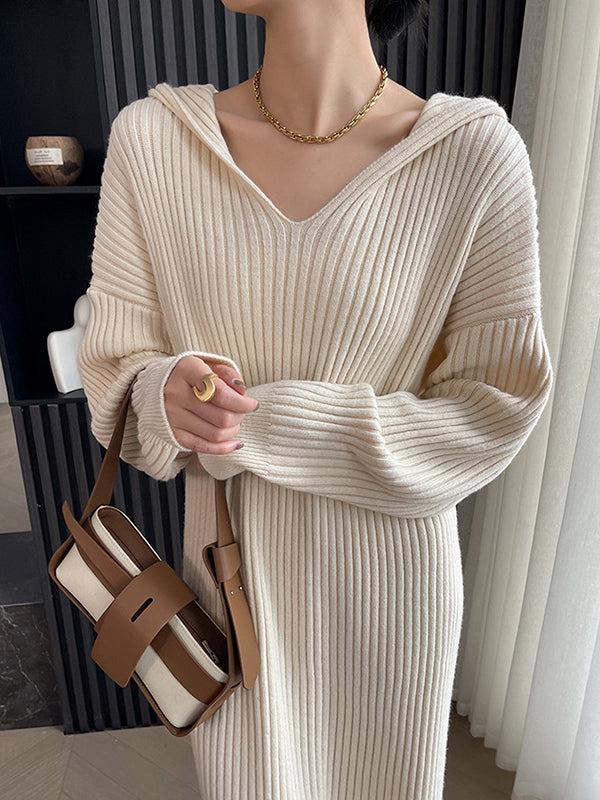 Elegant Striped Hooded Dress with Long Sleeves in Peach