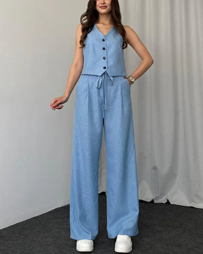 Helena - Solid color casual vest two-piece set.