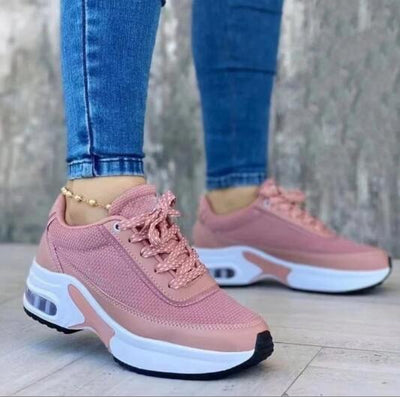 Women's Wedge Sneakers - Breathable Mesh Casual Shoes with Thick Sole and Lace-Up