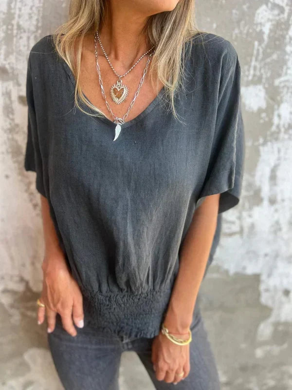 Jessica - Cotton and linen V-neck top with gathered hem
