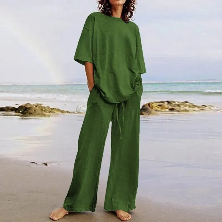 Frida - Casual Set with Belt and Pockets, Half-Sleeve Round Neck Top and Wide-Leg Pants
