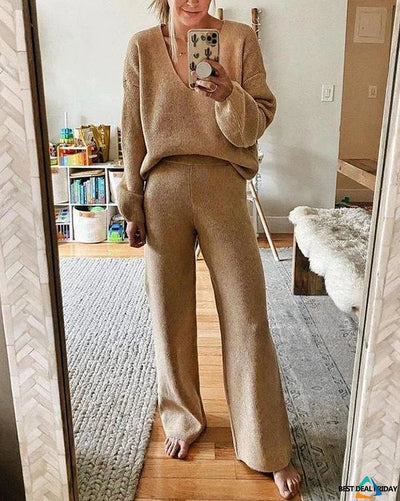 Women's Casual V-Neck Sweater Set - Comfortable and Elegant Style